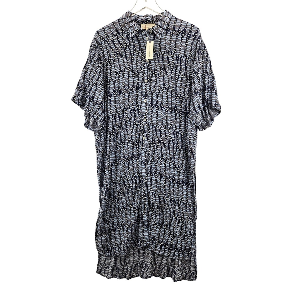Anthropologie Short‎ Sleeve Button Down High Low Shirt Dress Blue Grey Motif M